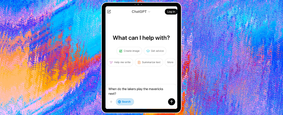 Tablet Mockup mit OpenAIs ChatGPT Search, bunter Hintergrund