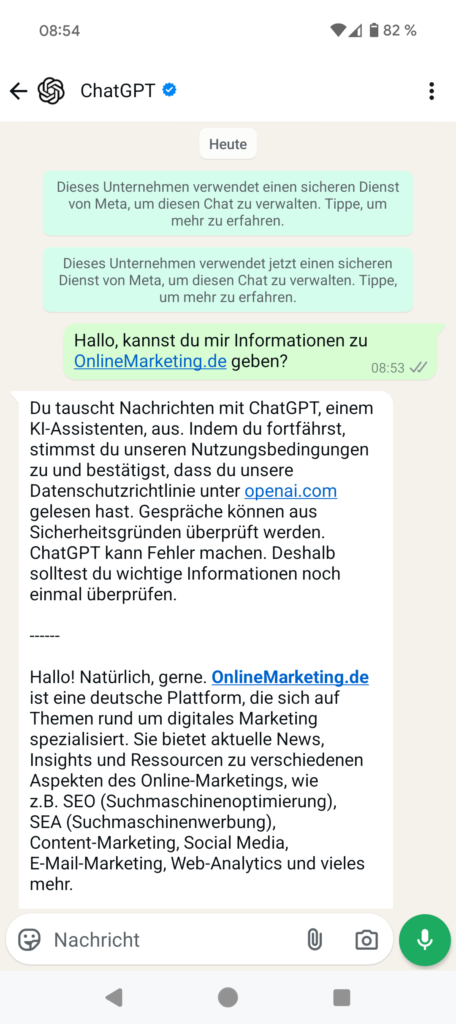 Der Chat mit OpenAIs Chatbot auf WhatsApp, eigener Screenshot