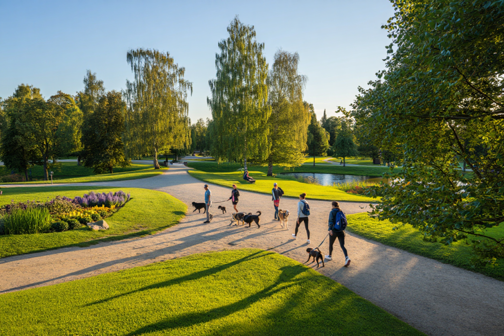 Menschen mit Hunden im Park, KI-generiert