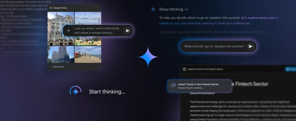 Ein Screenshot von Google Gemini zeigt, wie die KI frühere Suchanfragen nutzt, um personalisierte Reisevorschläge, Bildanalysen und Fintech-Trends zu liefern. Verschiedene Module interagieren nahtlos, um relevante Informationen bereitzustellen.