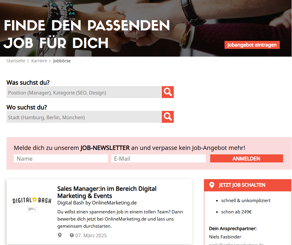 Die Online-Jobbörse von OnlineMarketing.de bietet zahlreiche Stellen, insbesondere für die Digitalszene.