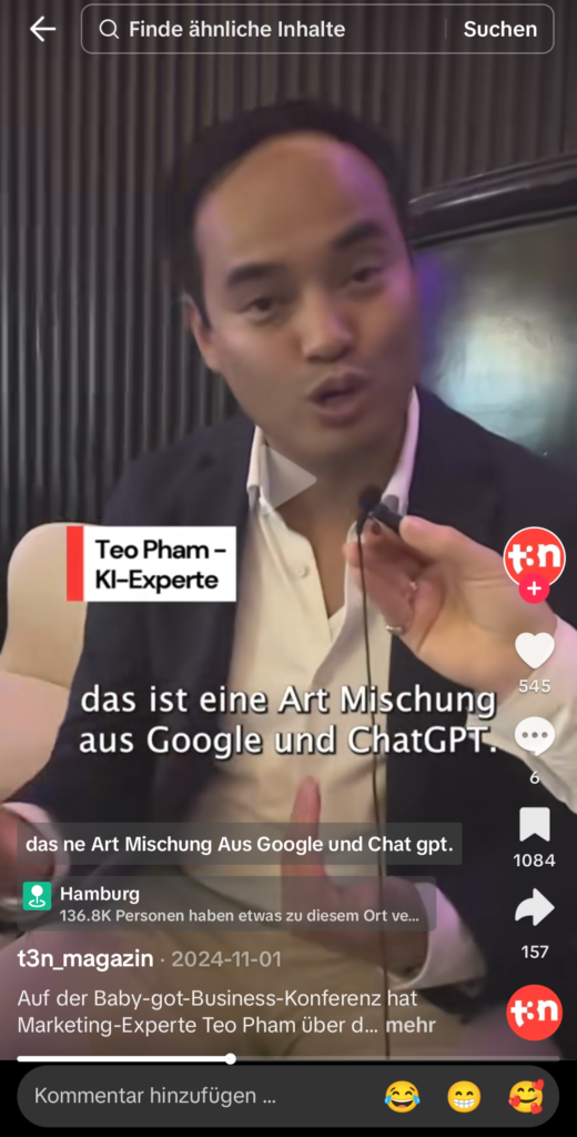 Auf TikTok finden User fünf Buttons zur unmittelbaren Interaktion mit den Videos, dazu die Kommentarspalte, Screenshot TikTok, © t3n, Video-Screenshot mit Teo Pham, 9:16-Format 