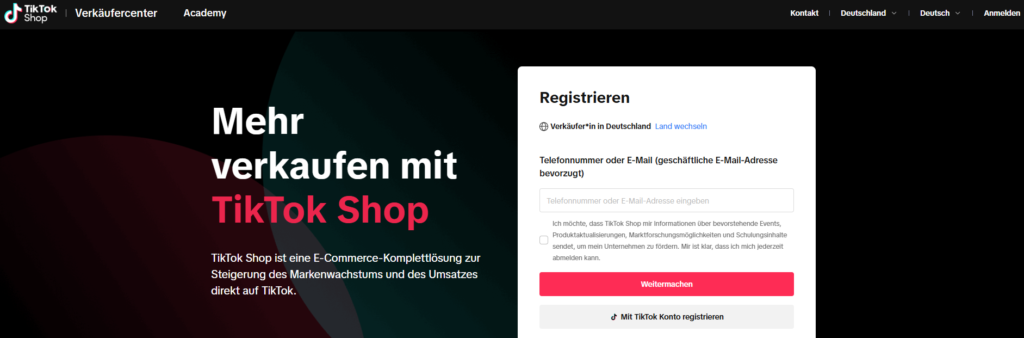 Startseite zur Anmeldung beim TikTok Shop, Text vor schwarzem  Hintergrund, Anmeldefenster und Navigationsleiste