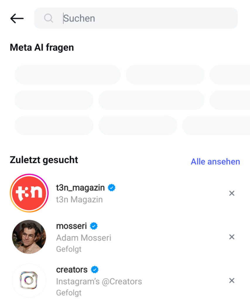 Ein erster Hinweis auf die Meta AI in der Instagram-Suche, Screenshot aus der Instagram App