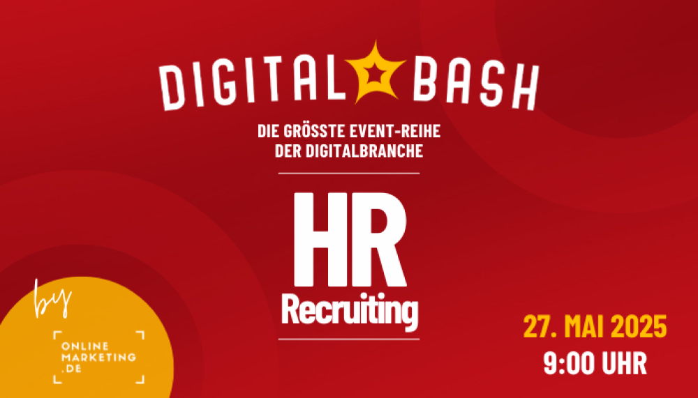 Promobild für den Digital Bash HR Recruiting, roter Hintergrund, Digital Bash-Logo, OnlineMarketing.de-Logo, Uhrzeiten und Textzüge