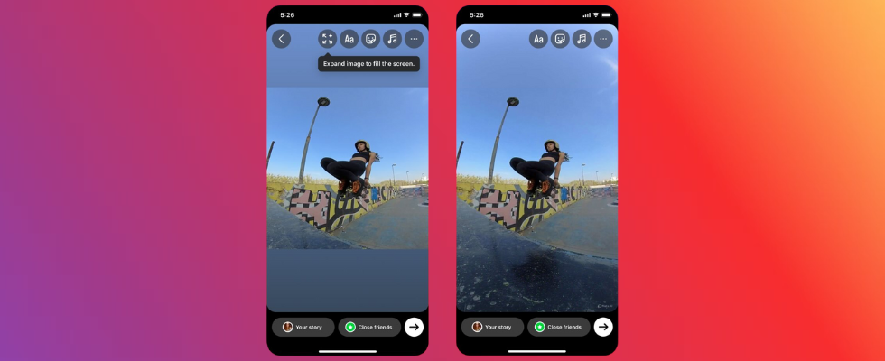 2 Smartphone Mockups mit Instagram Story, ein Bild in klein, eines groß gezogen, Farbverlauf orange-violett im Hintergrund