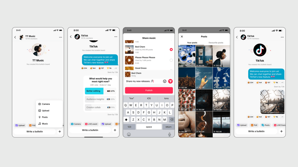 Smartphone Screens zeigen den Erstellungsprozess eines Bulletin Boards auf TikTok – vom Öffnen des Posteingangs über die Auswahl „Create a bulletin board“ bis zur Konfiguration von Name, Beschreibung und Sichtbarkeit.