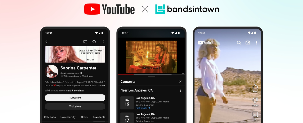 Smarpthone Mockups mit YouTube Music und Sabrina Carpenter auf Screen, heller Hintergrund