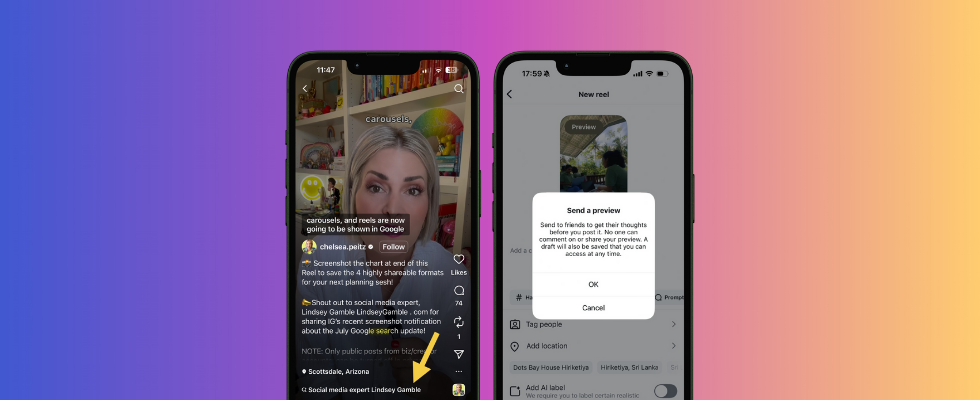 Zwei Smartphone Screens zeigen Instagrams neue Funktionen: links eine Reels-Ansicht mit Hinweis auf Search Shortcuts, rechts die Preview-Option für Reels-Entwürfe.