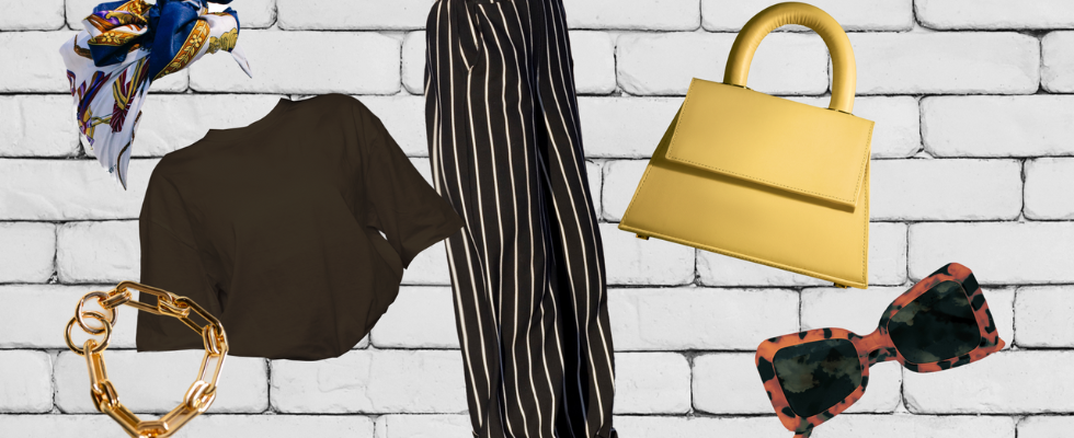 Herbsttrends 2025 auf Pinterest, weiße Wand, Kleidung und Accessoires davor