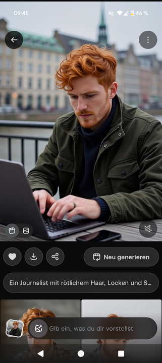 Beispiel für die Anfrage einer Videogenerierung; ein Journalist mit rötlichem Haar, Locken und Schnauzer schreibt auf einem Laptop, © Grok Imagine