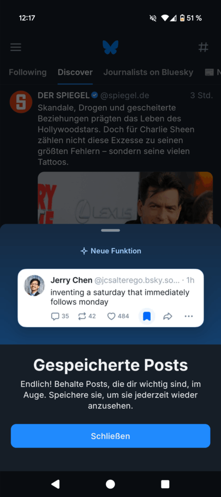 Das Pop-up, um gespeicherte Posts als neue Funktion anzuzeigen, © Bluesky, Post und Textfeld, blauer Hintergrund  