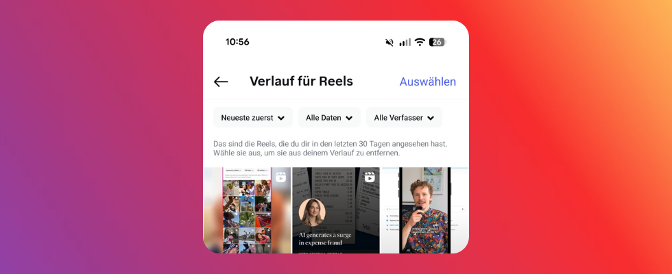 Farbverlauf orange-violett, davor Screenshot des Reels-Verlaufs auf Instagram mit Thumbnails von Videos