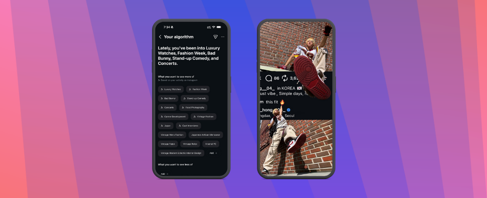 Algorithmussteuerung und 3D-Fotos auf Instagram vor Hintergrund mit Farbverlauf
