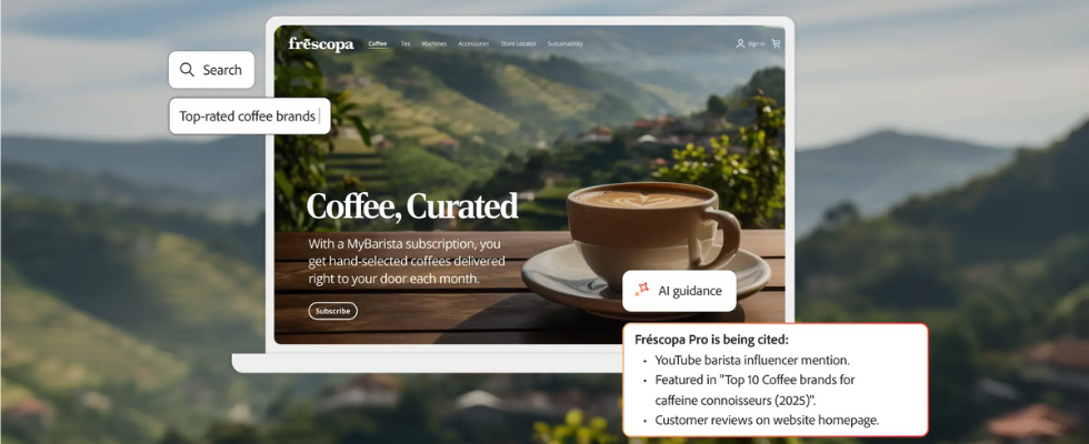 Screenshot einer Beispiel-Website für eine Kaffeemarke mit Hinweisen darauf, wo sie in KI-generierten Suchergebnissen zitiert wird, darunter Influencer-Erwähnungen, Rankings und Kund:innenbewertungen.