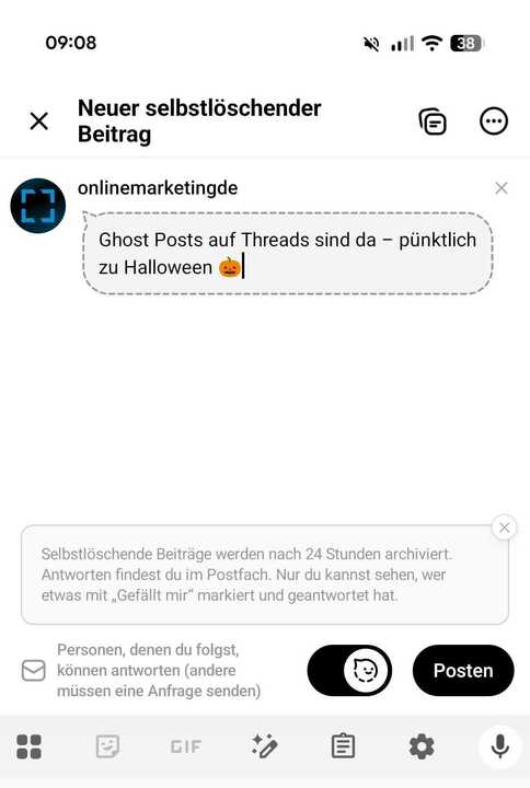 Ghost Post im Post Composer auf Threads, eigener Screenshot