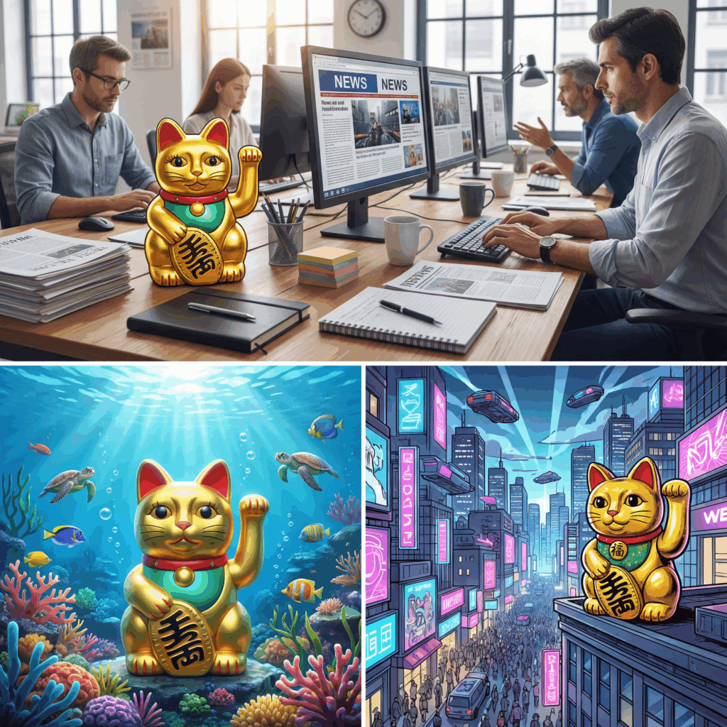 Collage aus drei KI-generierten Bildern unseres Nano Banana Pro-Tests: Oben sitzt die goldene Digital Bash-Winkekatze in einem modernen Redaktionsbüro. Unten links erscheint die Katze als glänzende 3D-Figur in einer farbenfrohen Unterwasserwelt. Unten rechts steht sie im Manga-Stadt-Setting auf einem Hochhausdach.