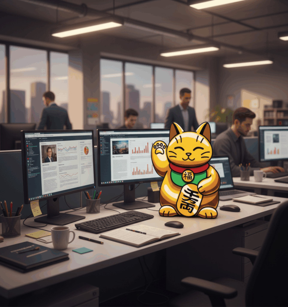 Illustration der Digital Bash-Winkekatze, generiert mit Nano Banana, die zwischen Monitoren und Schreibtischmaterialien in einem modernen, offenen Redaktionsbüro sitzt. 