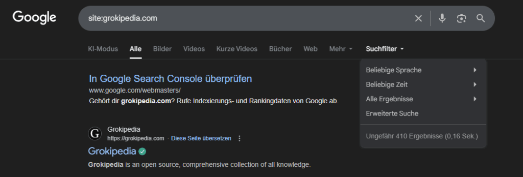 Screenshot einer Google-Suchergebnisseite mit der Anfrage site:grokipedia.com, die etwa 410 indexierte Seiten der KI-Enzyklopädie Grokipedia anzeigt.