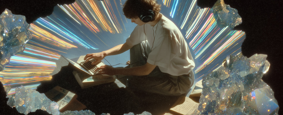 Person mit Laptop und Kopfhörern, umgeben von leuchtenden Lichteffekten – symbolisch für den neuen Comet Assistant von Perplexity, der mehrere Websites gleichzeitig verarbeitet.