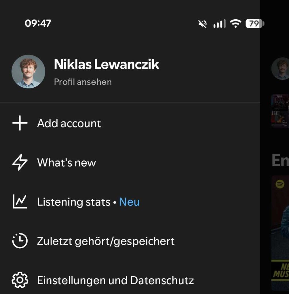 Screenshot des Spotify-Menüs mit dem neuen Eintrag Listening stats im Profilbereich.