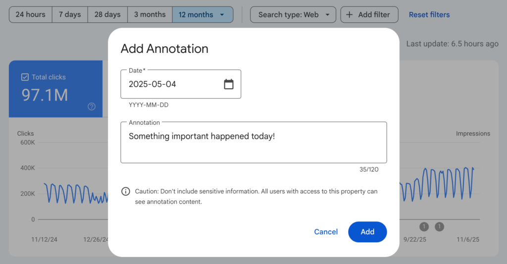 So sieht das Custom Annotation Pop-up in der Search Console aus, © Google