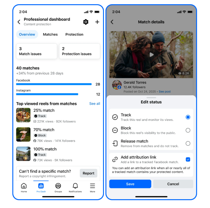 Match-Übersicht und Optionen zur Reaktion auf Matches im Professional Dashboard der Facebook App, © Meta