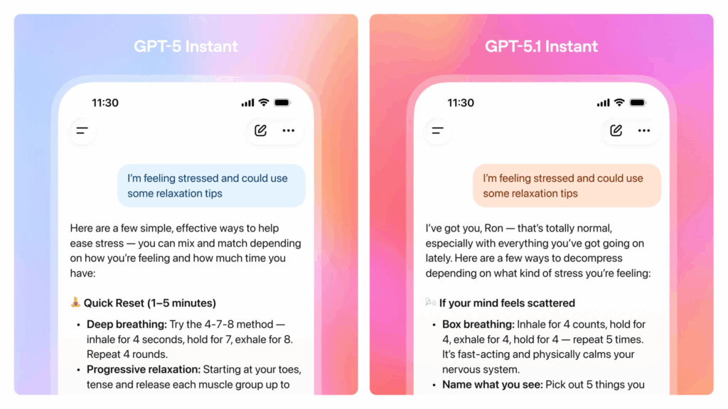GPT-5 Instant vs. GPT-5.1 Instant bei der Antwort auf die gleiche Anfrage: Die Unterschiede sind klar zu erkennen, © OpenAI, Smartphone Mockups, bunter Hintergrund