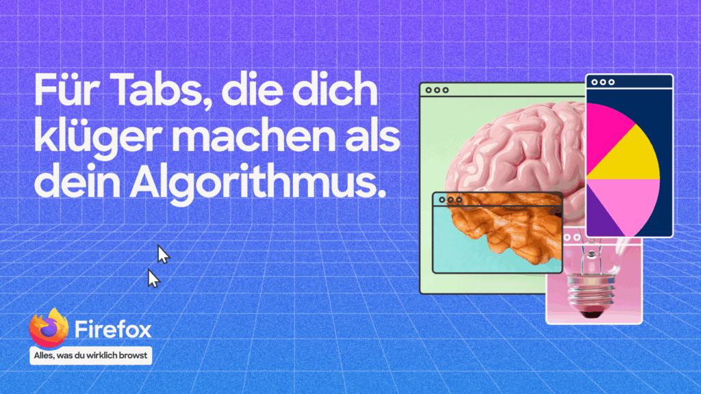 So warb Mozilla für die Alternative Firefox, Text und Bildschirm-Mockups mit Gehirn, Glühlampe und Pie Chart als Zeichen für Aha-Momente