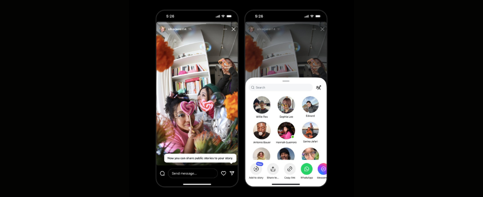 Instagram Interface zeigt neues Share-Menü für öffentliche Stories ohne Markierung