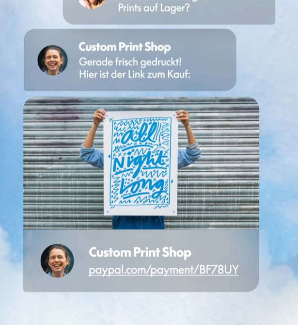 Chatverlauf mit Anfrage zu einer Print-Bestellung. Verkäufer teilt einen PayPal-Zahlungslink.