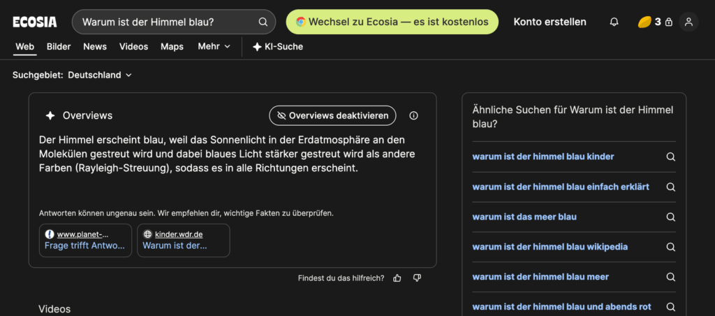 So sehen die AI Overviews von Ecosia aus, © Ecosia, Screenshot der Suchseite Ecosias 