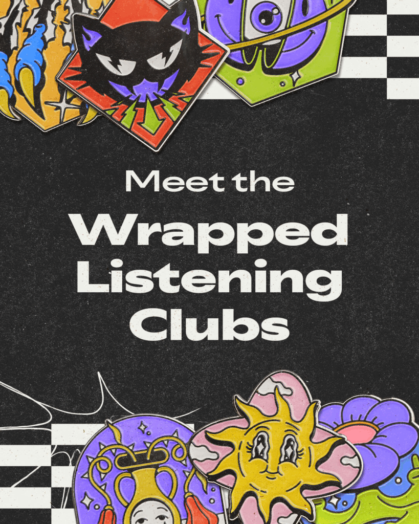 Es gibt jetzt Listening Clubs auf Spotify, © Spotify, buntes Visual mit Figuren und Text