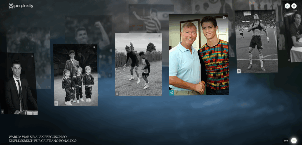 So sieht die interaktive Experience für Cristiano Ronaldo aus, © Perplexity, Bilderreihe und Perplexity-Logos