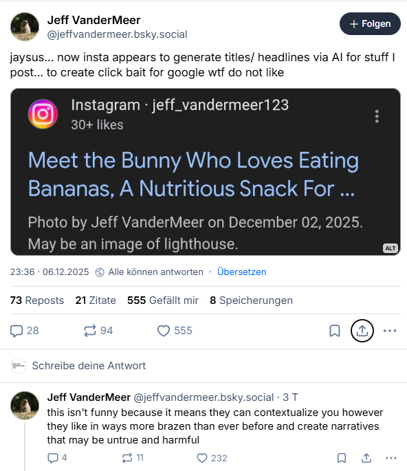 Jeff VanderMeer ist mit Instagrams Betitelung seines geteilten Inhalts nicht zufrieden, © Jeff VanderMeer