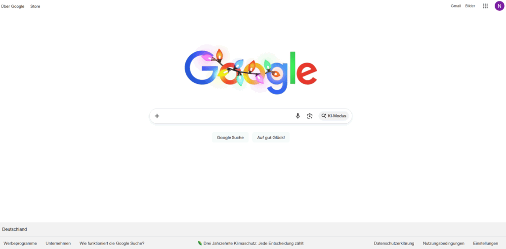 So sieht die Google-Startseite aktuell aus, Screenshot google.com