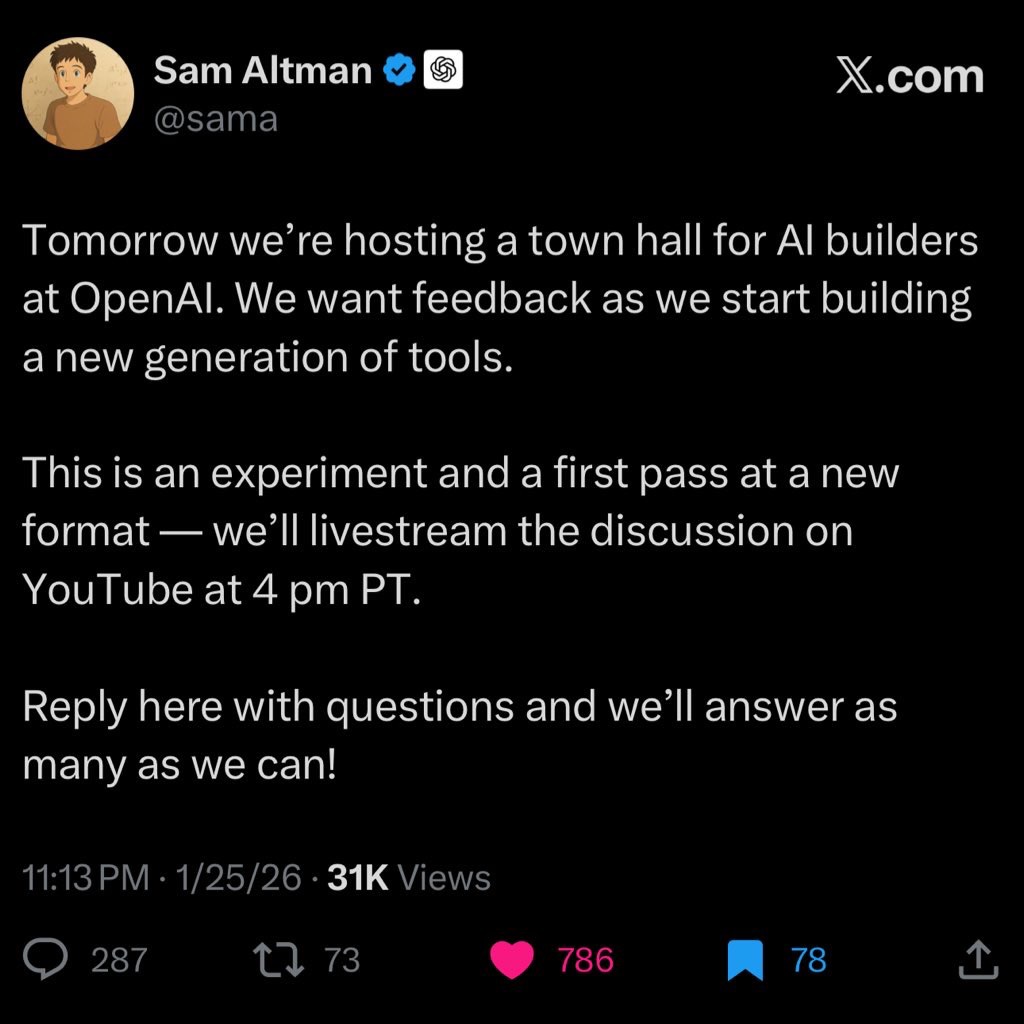 Screenshot eines X Posts von OpenAI CEO Sam Altman, in dem er ein öffentliches Town Hall für KI-Entwickler:innen ankündigt und Feedback zur Entwicklung einer neuen Tool-Generation einlädt.