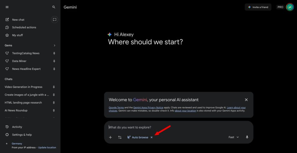 Benutzer:innenoberfläche von Google Gemini mit aktiviertem Auto Browse Feature in der Eingabeleiste.