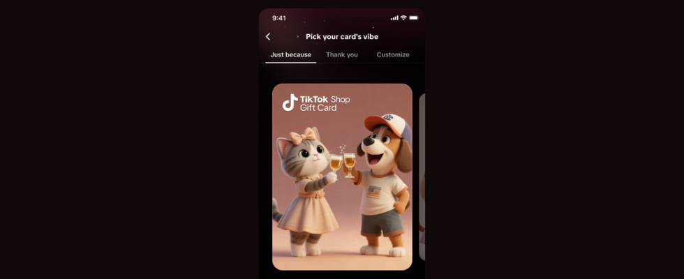 Screenshot einer TikTok Shop-Geschenkkarte mit zwei animierten Figuren, die anstoßen, dargestellt in der Benutzer:innenoberfläche der TikTok App.