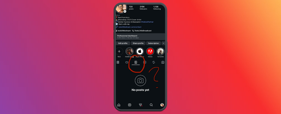 Smartphone Mockup mit Instagram-Profil und neuem Tab, eingekreist, Farbverlauf orange-violett im Hintergrund