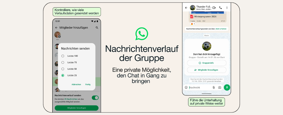 Smartphones mit Gruppen-Chats auf WhatsApp und Nachrichtenverlauf, beigefarbener Hintergrund