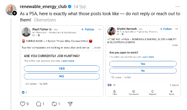 Beispiele von einem Job-Scam auf LinkedIn, © renewable_energy_club auf LinkedIn 