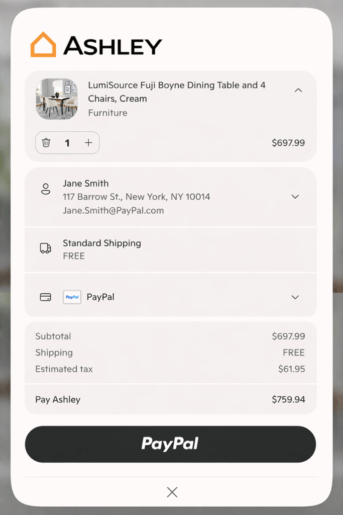 Ein Checkout-Prozess bei Copilot Checkout mit PayPal als Zahlungsoption, © PayPal