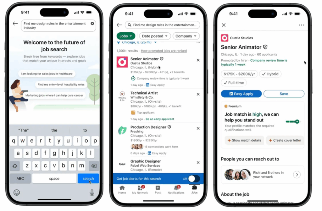 Mithilfe der KI findest du Jobs anhand deiner Beschreibungen, © LinkedIn