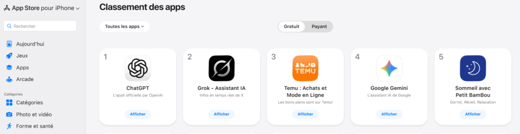 Die App Store Charts in Frankreich am 5. Januar 2026, Screenshot Apple App Store