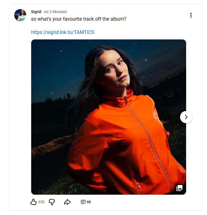 Post der Musikerin Sigrid zu ihrem neuen Album, © Sigrid, YouTube