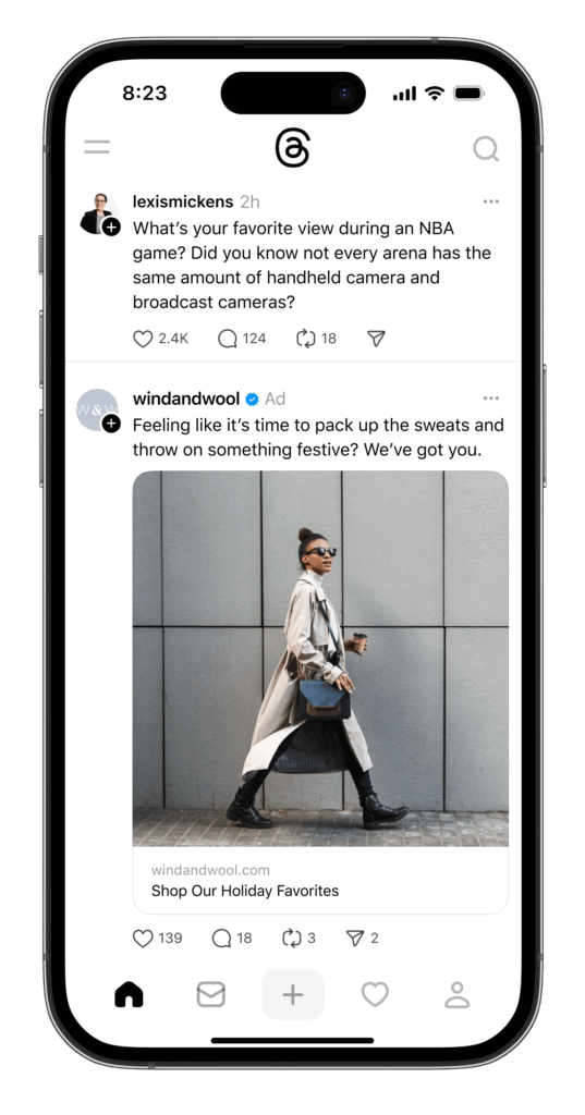 So kann eine Threads Ad im Feed aussehen, © Meta 