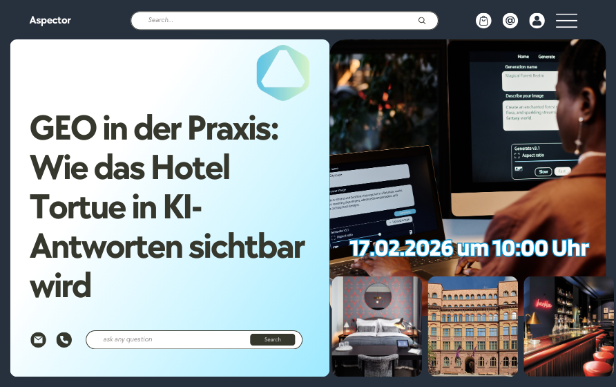 Webinar-Visual samt Schriftzug und Logo, Hotel und Person vor Bildschirm zu sehen