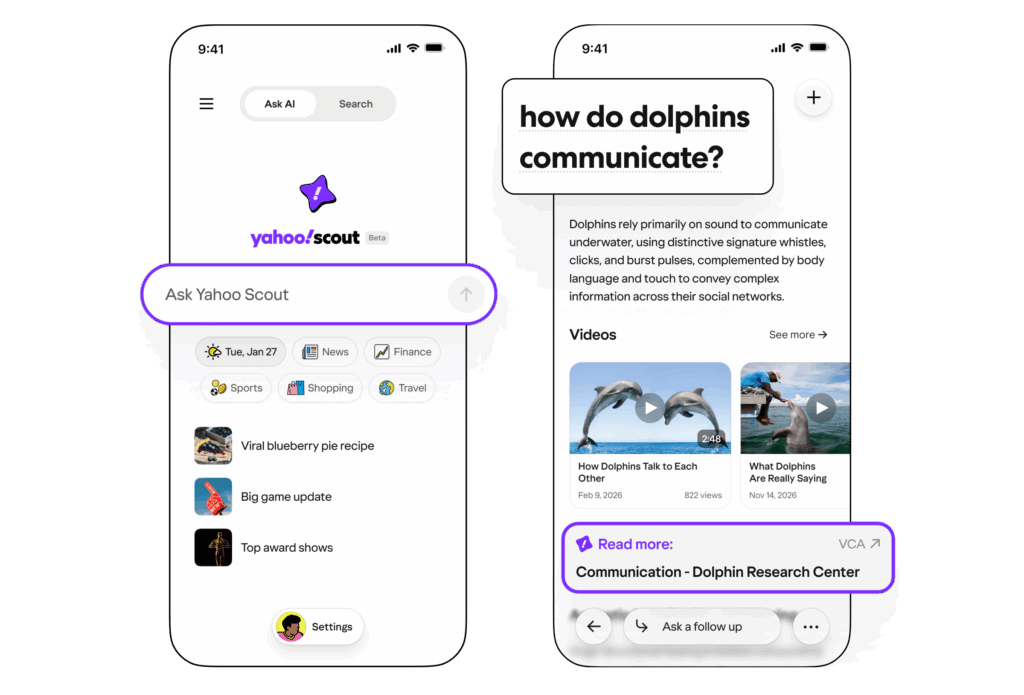 So sieht die neue AI Answer Engine in Aktion aus, © Yahoo, Smartphone Mockups mit Yahoo Scout 