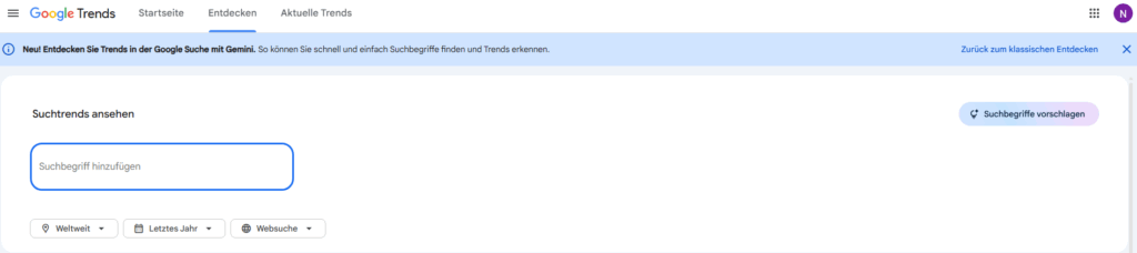 Die Google Trends Explore Page hat jetzt Gemini Support, © Google, Übersicht, Ausschnitt, Google Trends mit Textfeldern und Text